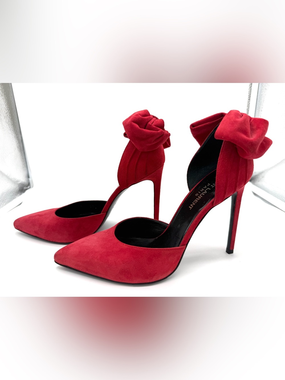 Saint Laurent Skinny 105 D'Orsay Bow Embellished Suede Pumps – Red – Size 37.5 - Picture 7 of 14
